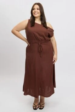 Brown Midi Dress Short Sleeve Asymmetric Shoulder -You And All Fashion Store ced2388 47rb brown 3