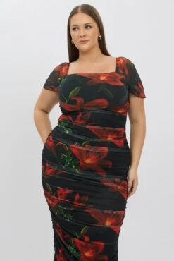 Red Floral Midi Dress Off Shoulder Ruched Mesh -You And All Fashion Store ced2468a 35rb floral 3