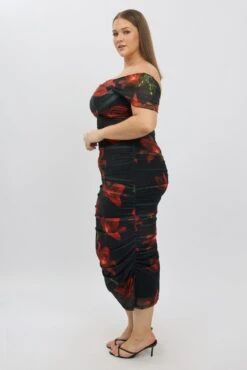 Red Floral Midi Dress Off Shoulder Ruched Mesh -You And All Fashion Store ced2468a 35rb floral 4