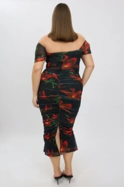 Red Floral Midi Dress Off Shoulder Ruched Mesh -You And All Fashion Store ced2468a 35rb floral 5