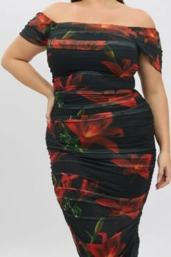 Red Floral Midi Dress Off Shoulder Ruched Mesh -You And All Fashion Store ced2468a 35rb floral 6