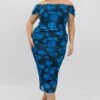 Blue Abstract Midi Dress Off Shoulder Ruched Mesh