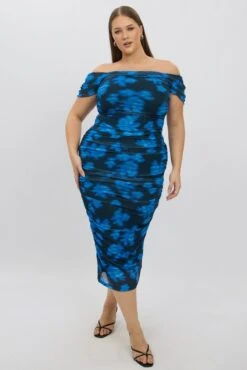 Blue Abstract Midi Dress Off Shoulder Ruched Mesh
