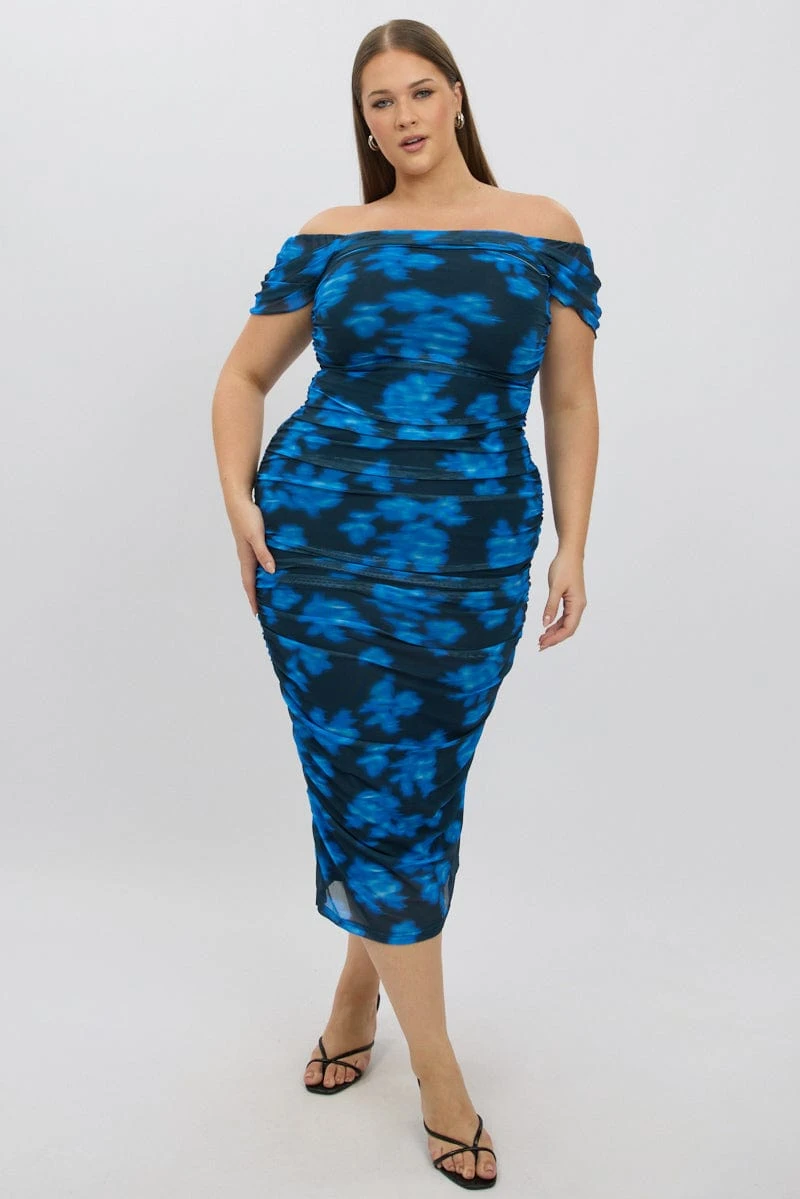 Blue Abstract Midi Dress Off Shoulder Ruched Mesh 1 Blue Abstract Midi Dress Off Shoulder Ruched Mesh