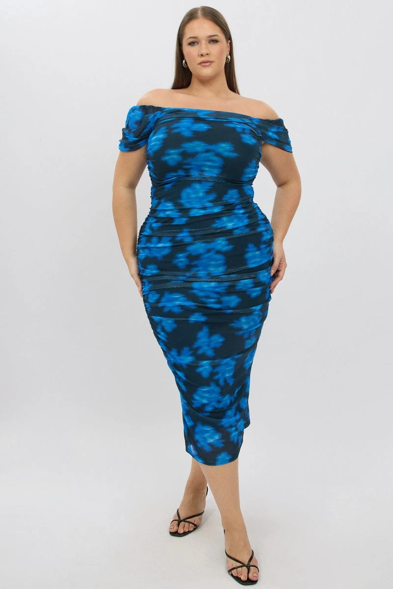 Blue Abstract Midi Dress Off Shoulder Ruched Mesh 3 Blue Abstract Midi Dress Off Shoulder Ruched Mesh - Image 3