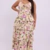 Yellow Floral Midi Dress Sleeveless Tiered Ruched Bust