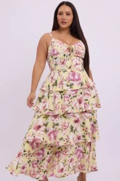 Yellow Floral Midi Dress Sleeveless Tiered Ruched Bust -You And All Fashion Store ced2471 35r floral 3