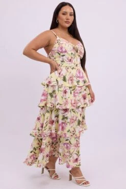 Yellow Floral Midi Dress Sleeveless Tiered Ruched Bust -You And All Fashion Store ced2471 35r floral 4