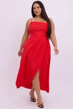 Red Midi Dress Sleeveless Wrap Front