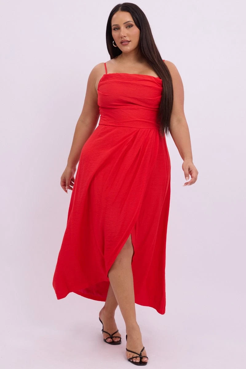 Red Midi Dress Sleeveless Wrap Front 1 Red Midi Dress Sleeveless Wrap Front