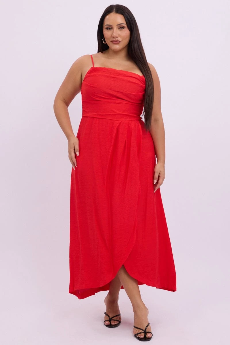 Red Midi Dress Sleeveless Wrap Front 2 Red Midi Dress Sleeveless Wrap Front - Image 2