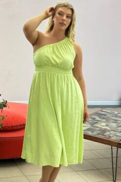 Yellow Midi Dress One Shoulder Linen Blend