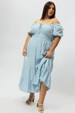 Blue Tiered Midi Dress Short Sleeve Ruched Bust