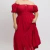 Red Tiered Midi Dress Short Sleeve Ruched Bust