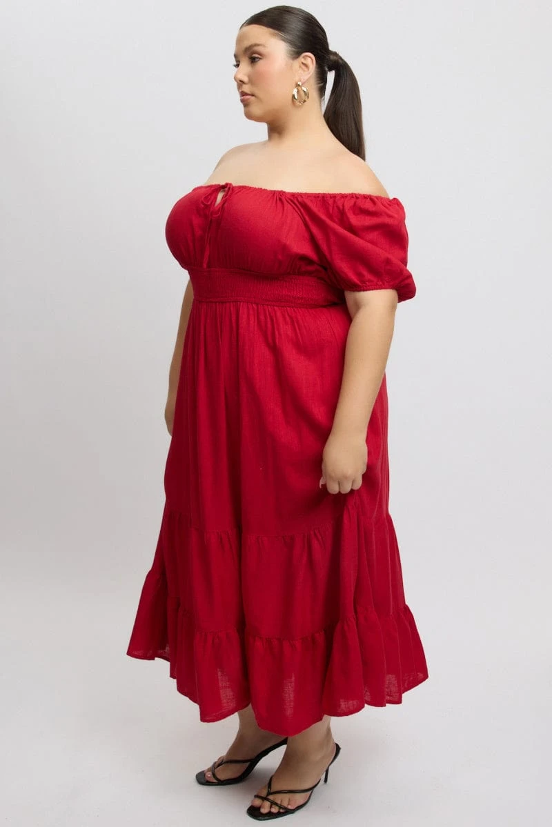 Red Tiered Midi Dress Short Sleeve Ruched Bust 4 Red Tiered Midi Dress Short Sleeve Ruched Bust - Image 4