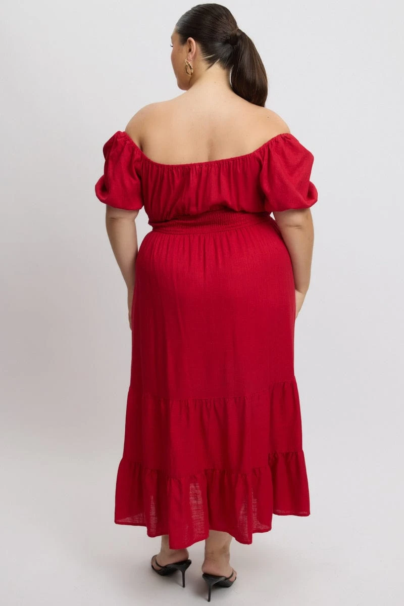 Red Tiered Midi Dress Short Sleeve Ruched Bust 5 Red Tiered Midi Dress Short Sleeve Ruched Bust - Image 5