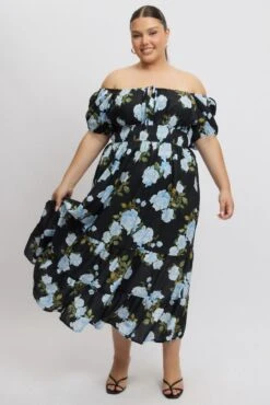 Black Floral Midi Dress Short Sleeve Ruched Bust Tiered -You And All Fashion Store ced2498a 35rb floral 3