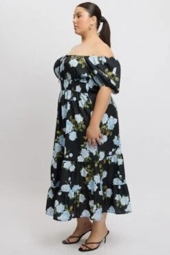 Black Floral Midi Dress Short Sleeve Ruched Bust Tiered -You And All Fashion Store ced2498a 35rb floral 4