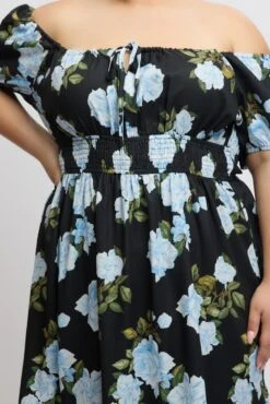 Black Floral Midi Dress Short Sleeve Ruched Bust Tiered -You And All Fashion Store ced2498a 35rb floral 6