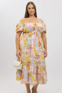 Multi Abstract Midi Dress Short Sleeve Tiered