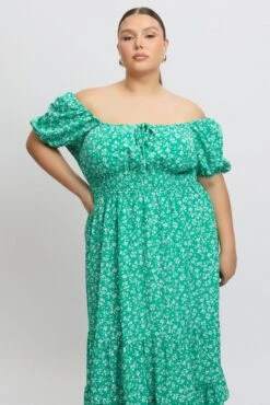 Green Ditsy Midi Dress Short Sleeve Ruched Bust -You And All Fashion Store ced2498h 35rb ditsy 3