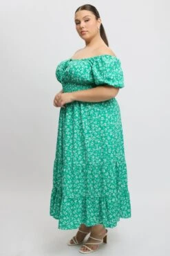 Green Ditsy Midi Dress Short Sleeve Ruched Bust -You And All Fashion Store ced2498h 35rb ditsy 4