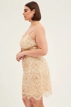 Gold Mini Dress Shoestring Strap Scalloped Hem Sequin -You And All Fashion Store ced2531 81ab gold 4