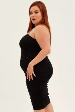 Black Midi Dress Mesh Ruched Side Shoestring Strap -You And All Fashion Store ced25311 35ab black 4