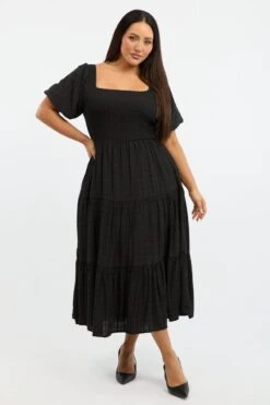 Black Midi Dress Short Sleeve Shirred
