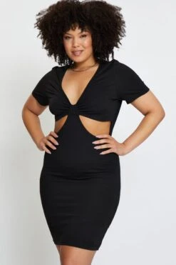 Black Mini Bodycon Dress Colla Short Sleeve Jersey