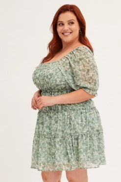 Green Mini Dress Short Puff Sleeve Ruched Bust -You And All Fashion Store ced25366a 35a ditsy 4