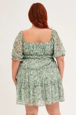 Green Mini Dress Short Puff Sleeve Ruched Bust -You And All Fashion Store ced25366a 35a ditsy 5