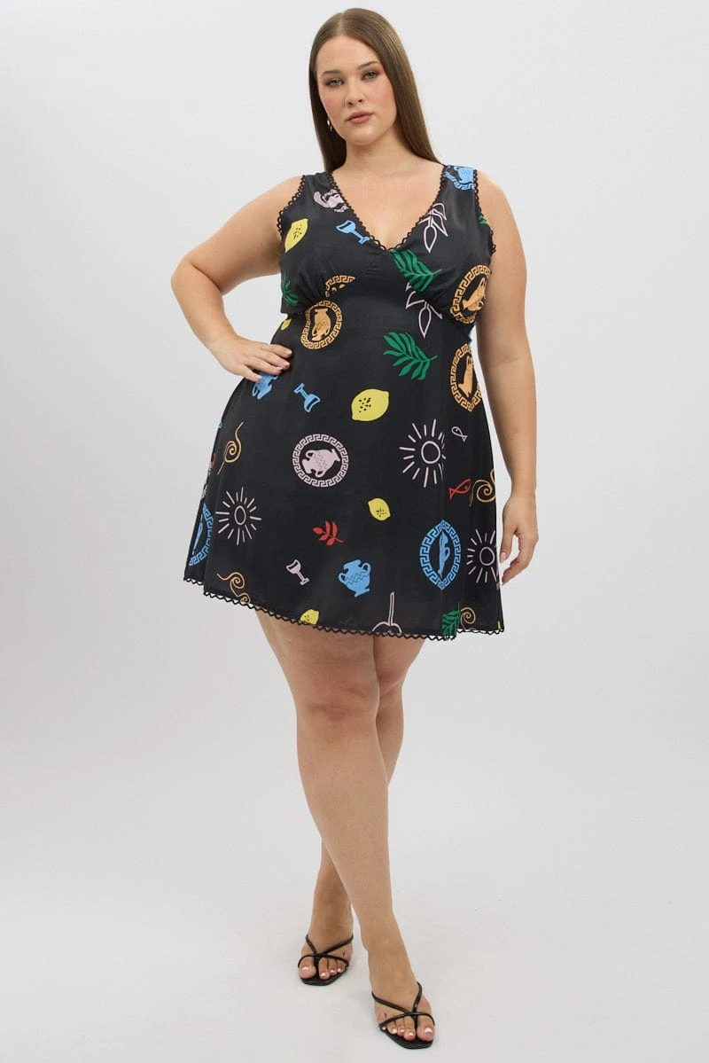 Black Abstract V Neck Printed Minidress 1 Black Abstract V Neck Printed Minidress