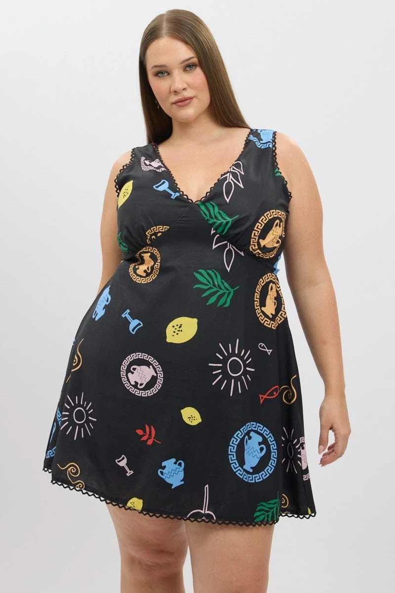 Black Abstract V Neck Printed Minidress 3 Black Abstract V Neck Printed Minidress - Image 3