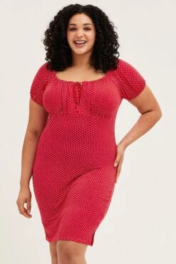 Polka Dot Short Puff Sleeve Red Spot Bodycon Dress