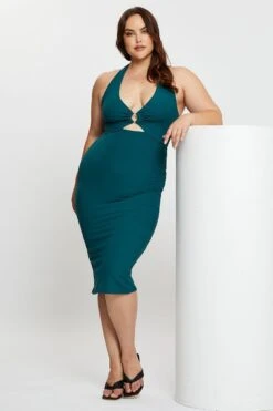 Green Midi Bodycon Dress Halter Jersey