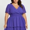 Blue Skater Dress V-neck Short Sleeve Tie
