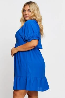 Mid Blue Short Puff Sleeve Gather Frill Hem Dress -You And All Fashion Store ced31420 34a mid blue 4