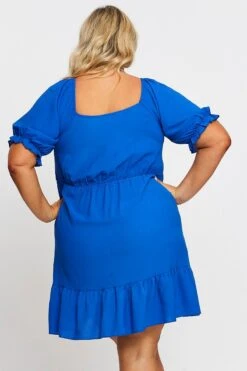 Mid Blue Short Puff Sleeve Gather Frill Hem Dress -You And All Fashion Store ced31420 34a mid blue 5
