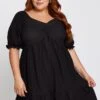 Black Short Puff Sleeve Gather Frill Hem Dress