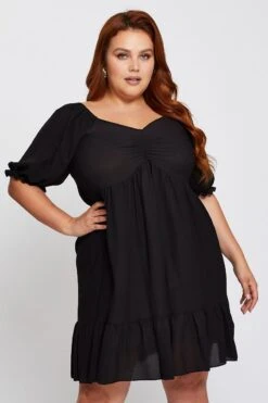 Black Short Puff Sleeve Gather Frill Hem Dress -You And All Fashion Store ced31420 34ab black 3 5