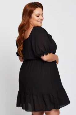 Black Short Puff Sleeve Gather Frill Hem Dress -You And All Fashion Store ced31420 34ab black 4 5