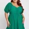 Green Short Puff Sleeve Gather Frill Hem Dress
