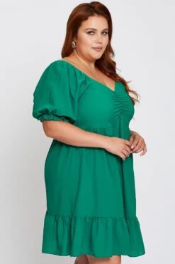 Green Short Puff Sleeve Gather Frill Hem Dress -You And All Fashion Store ced31420 34ab forest 4 1