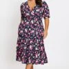 Floral Print Short Sleeve Puff Sleeve Midi Dress