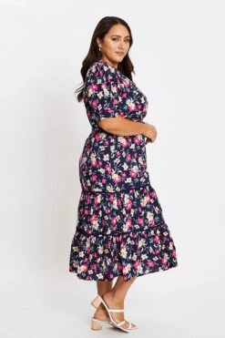 Floral Print Short Sleeve Puff Sleeve Midi Dress -You And All Fashion Store ced31421a 36ab floral prt 4 1 1