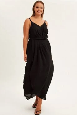 Black Midi Dress Strappy Sleeveless Chiffon Draped -You And All Fashion Store ced31455 34ab black 3