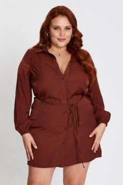 Brown Long Sleeve Tie Waist Shirtdress -You And All Fashion Store ced31470 36ab chocolate 3 1
