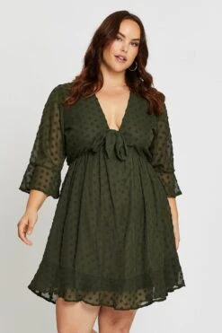 Green 3/4 Sleeve Flock Spot Tie Dress -You And All Fashion Store ced31511a 38ab khaki 3