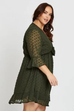 Green 3/4 Sleeve Flock Spot Tie Dress -You And All Fashion Store ced31511a 38ab khaki 4